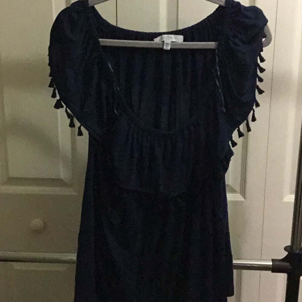Navy Blue Tassel Trim Blouse